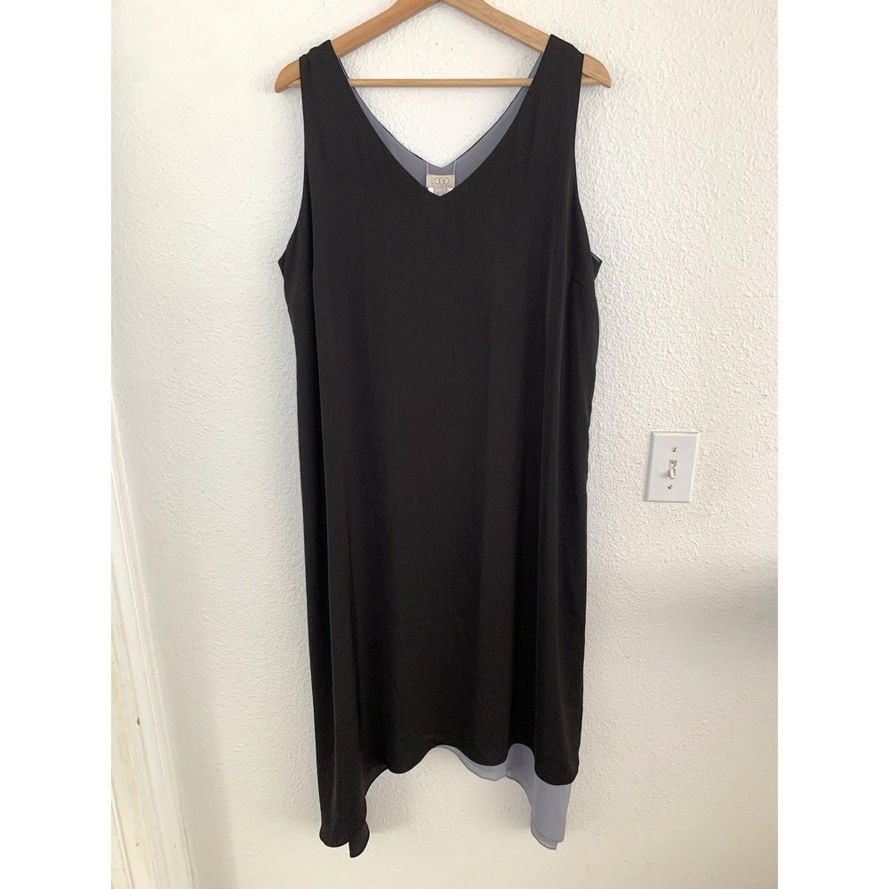 LOGO Lori Goldstein Reversible Sleeveless V Neck Dress Black Gray L Lagenlook